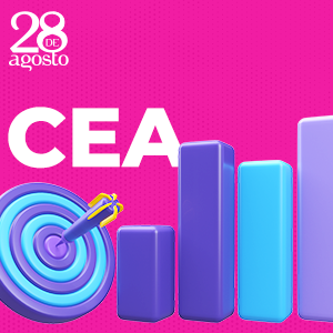 A palavra CEA, em fundo rosa, acompanhada de um gráfico em barras e um alvo