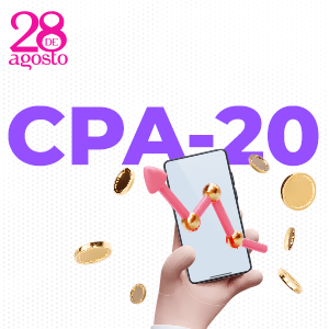 A palavra CPA-20, em fundo branco, acompanhada de um celular com um gráfico em primeiro plano